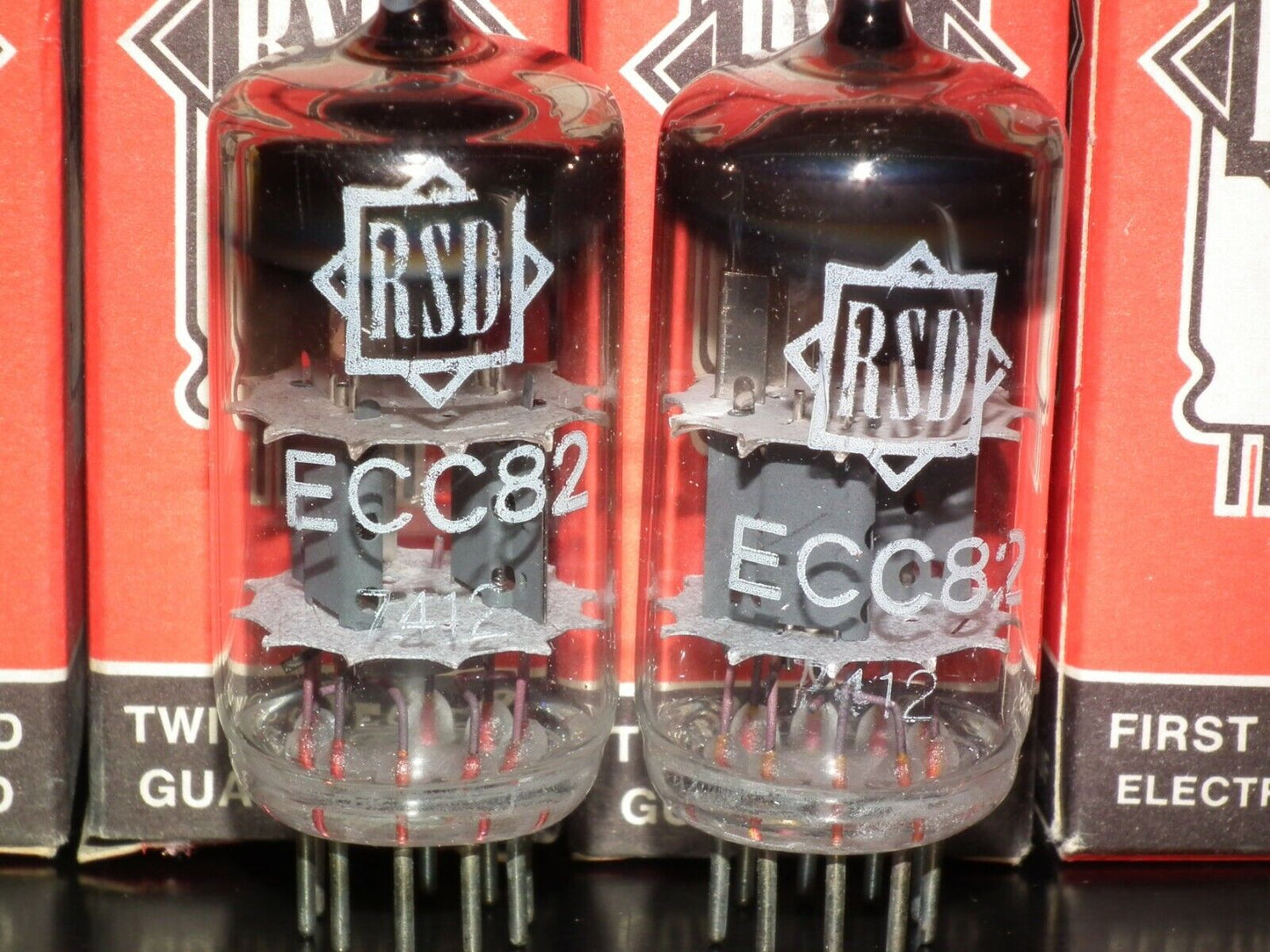 ECC82 12AU7 RFT rebranded RSD, NOS NIB Platinum Matched Pair, the same codes 70s