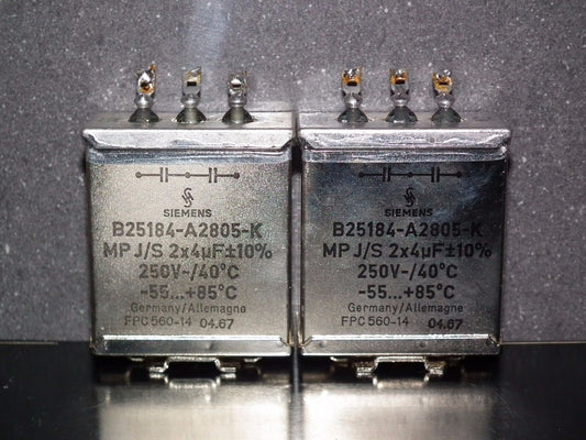 Two vintage Siemens PIO capacitors 2x4 uF / 250V Klangfilm, glass end seal