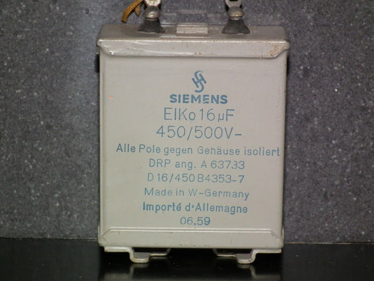 One vintage Siemens electrolytic capacitor 16uF / 500V Klangfilm glass end seal