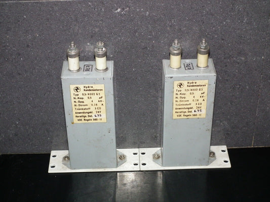 Two vintage Hydra Berlin PIO capacitors 0.5u 4000V Made in Germany 75 0.5mfd 4kV