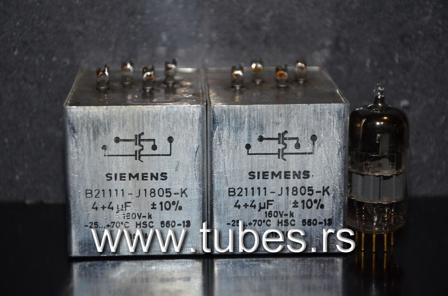 Two vintage Siemens PIO capacitors 4+4 uF 160V Klangfilm Made in W. Germany 1978