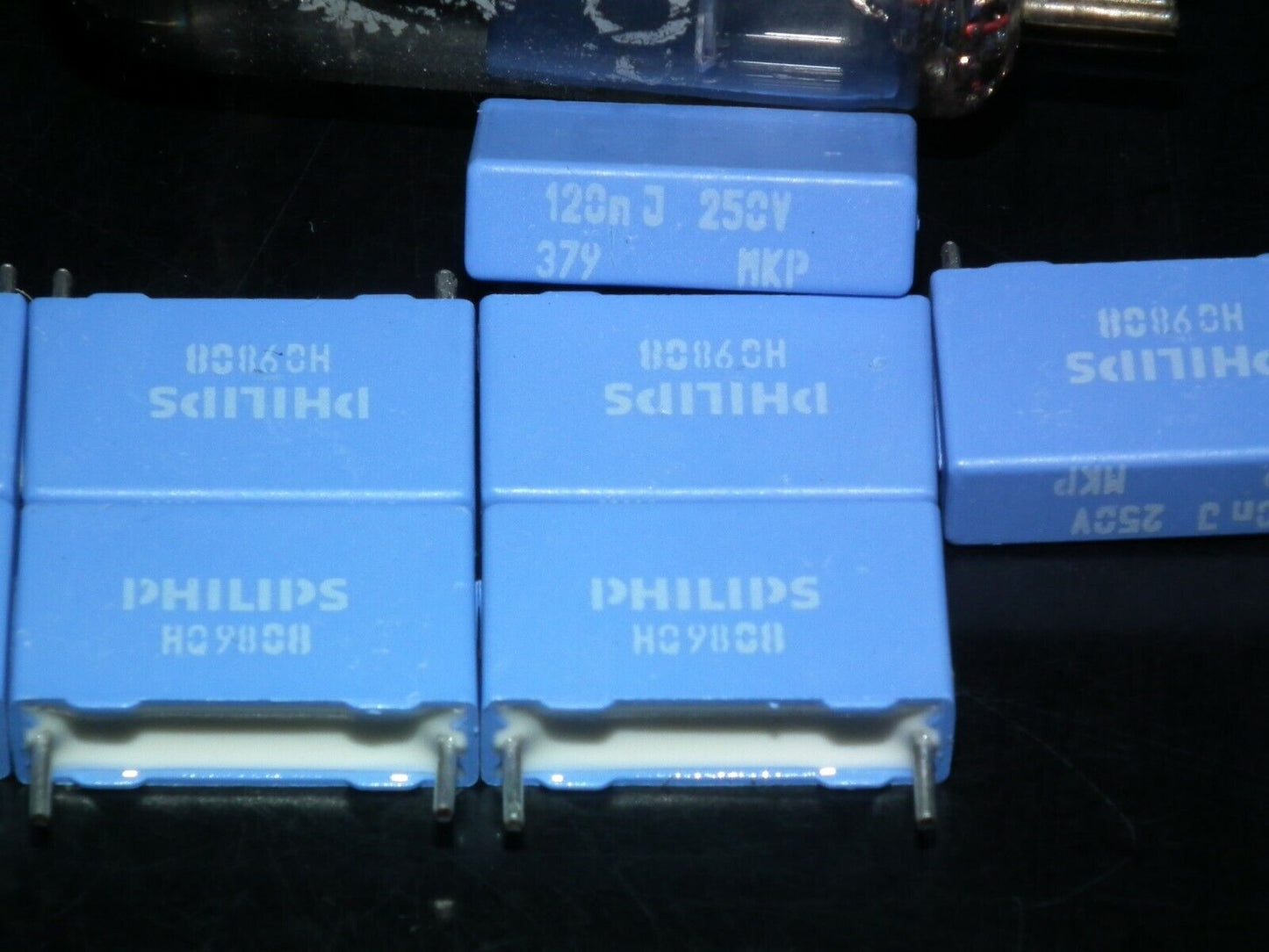 Four (4psc) vintage NOS MKP capacitors 120nF 250V Philips Polypropylene Film 379