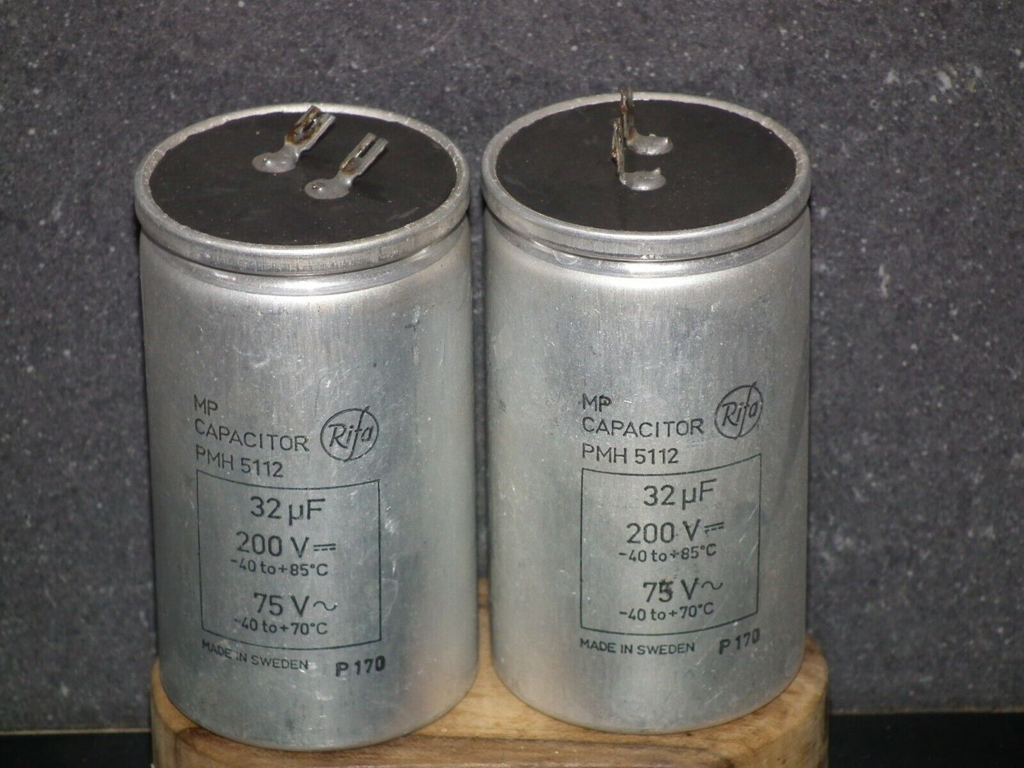 Two vintage Rifa PIO capacitors 32u 200V Made in Sweden 1970 32mfd 200V