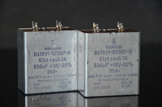 Two vintage Siemens electrolytic capacitors 500uF / 35V Klangfilm Elyt glatt IB
