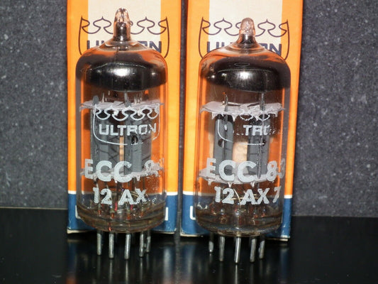 ECC83 Philips France 12AX7 Matched Pair Ribbed plates, Rebranded ULTRON NOS NIB