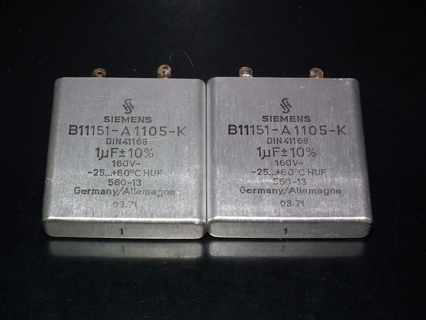 Two vintage Siemens PIO capacitors 1 uF 160V Klangfilm Made in Germany 1978
