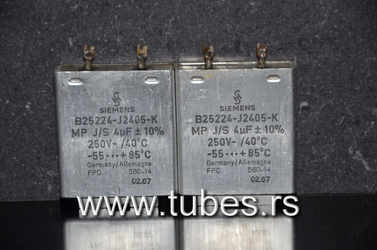 Two vintage Siemens PIO capacitors 4uF / 250V Klangfilm -  tested