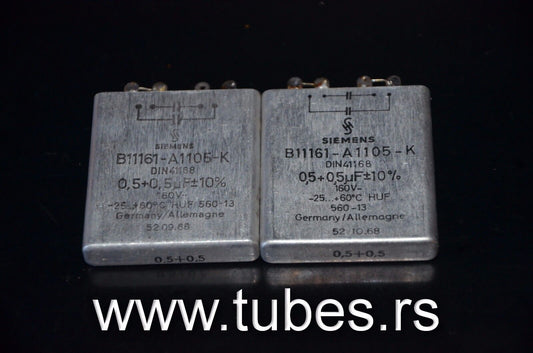 Two vintage Siemens PIO capacitors 0.5 uF + 0.5 uF 160V Klangfilm tube audio