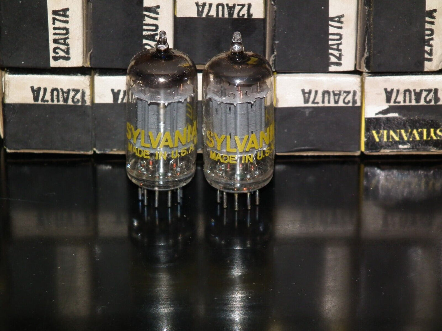 12AU7A Sylvania ECC82 NOS NIB platinum matched pair Long Plates Big O Getter Yel