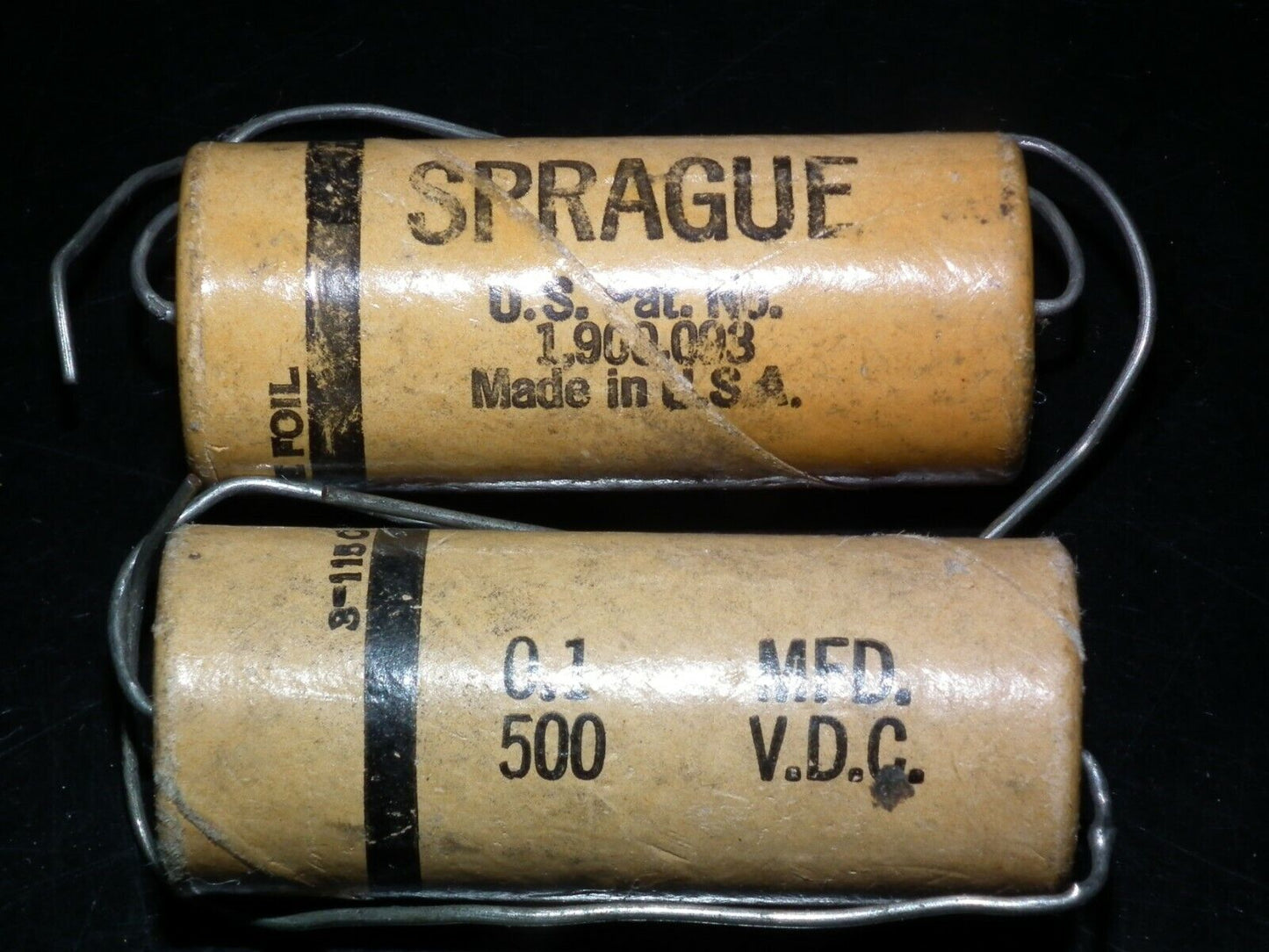 Two vintage SPRAGUE capacitors 0.1uF 500V NOS Guitar Amp MICAMOLD WAX PAPER