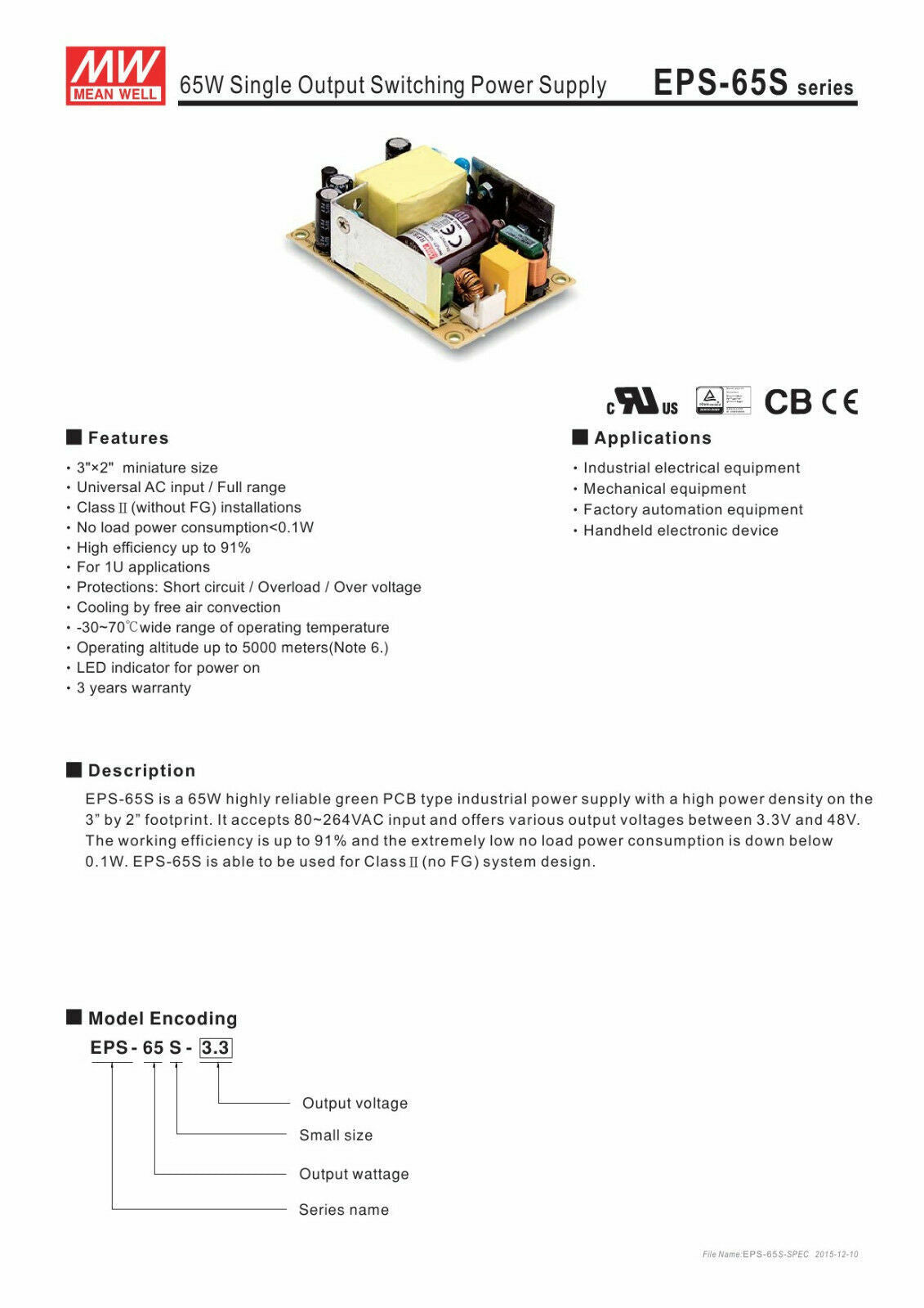 MEAN WELL NEW EPS-65S-5 5V 11A 55W Single Output Power Supply
