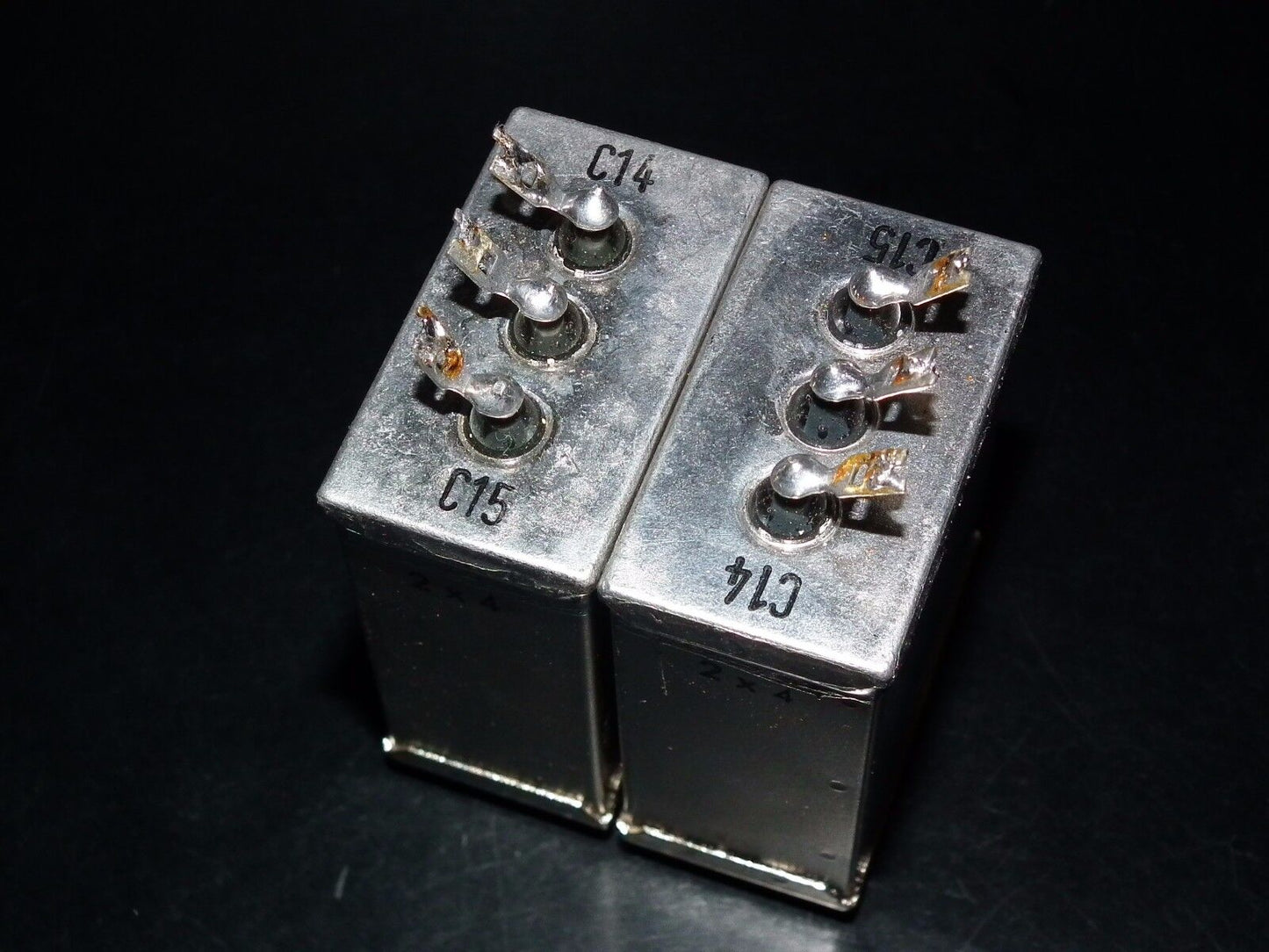 Two vintage Siemens PIO capacitors 2x4 uF / 250V Klangfilm, glass end seal