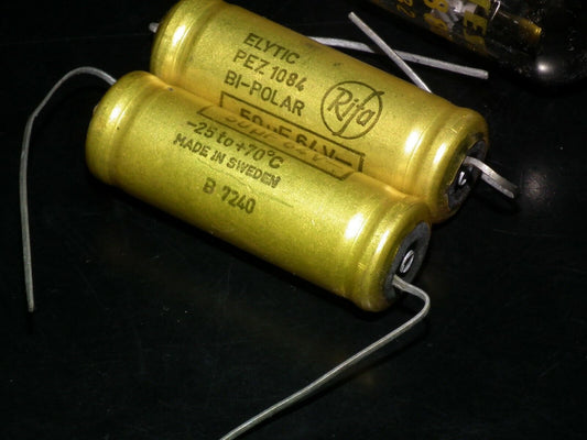 Two vintage NOS capacitors 50uF 64V Rifa Sweden ELYTIC BI-Polar Made in 1972