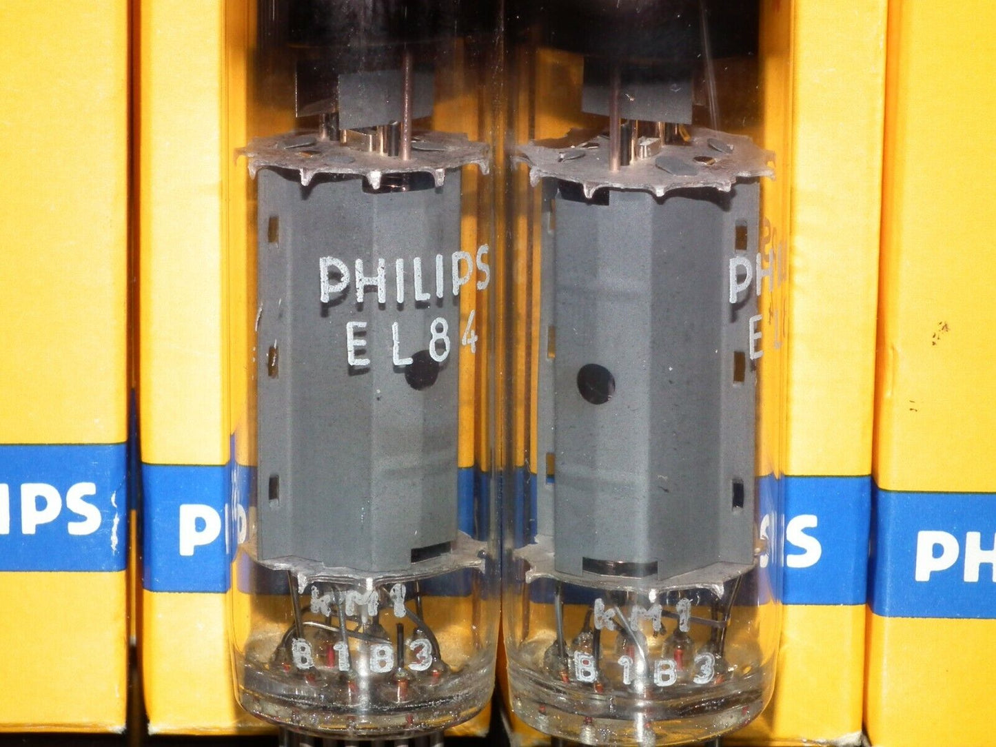 EL84 6BQ5 Mullard - NOS NIB platinum matched pair Blackburn 1971 branded Philips
