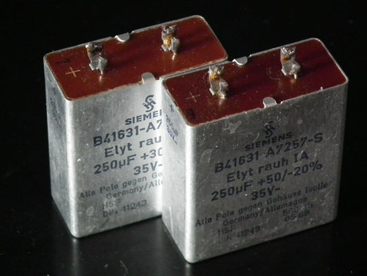 Two vintage Siemens electrolytic capacitors 250uF 35V Klangfilm Hiend tube audio