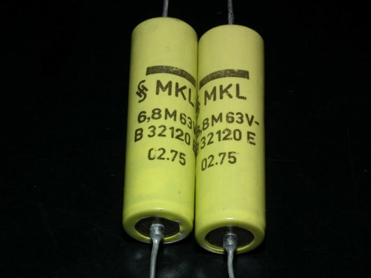 Two 2 NOS vintage Siemens MKL Capacitors 6u8 63v 6.8mfd Klangfilm Germany 70s