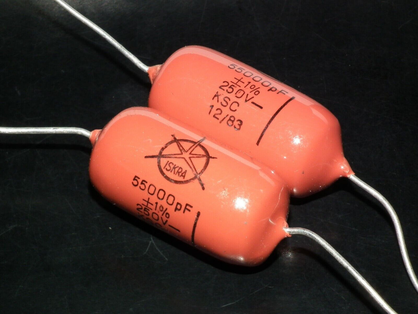 Two polystyrene capacitors 55000pF 0.055uF 250V ISKRA SIEMENS 1974 HI End Tube