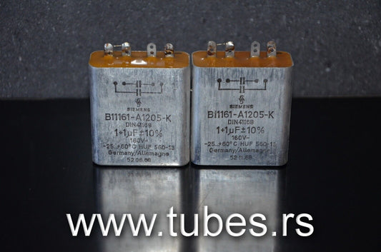 Two vintage Siemens PIO capacitors 1 uF + 1 uF 160V Klangfilm tube audio 1+1mfd