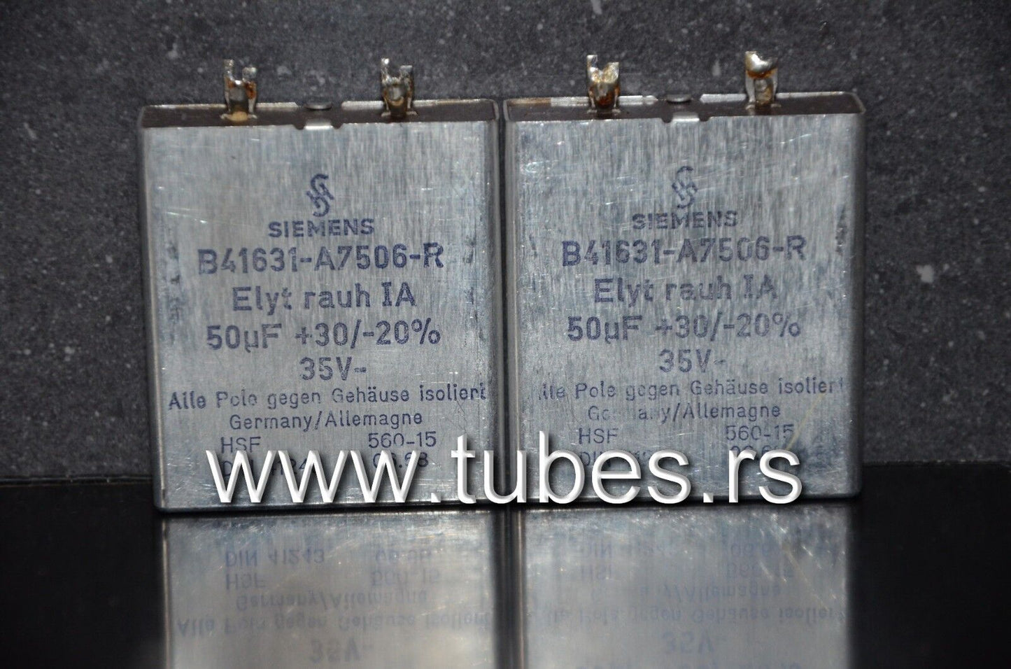 Two vintage Siemens electrolytic capacitors 50uF / 35V Klangfilm, West Germany