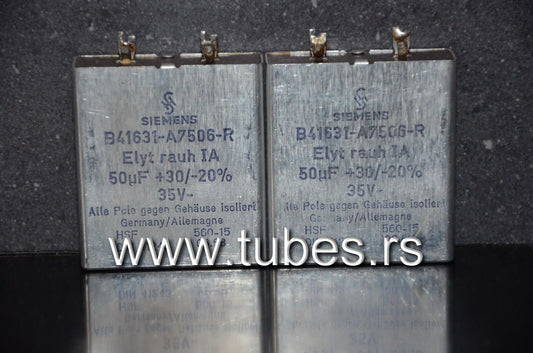 Two vintage Siemens electrolytic capacitors 50uF / 35V Klangfilm, West Germany