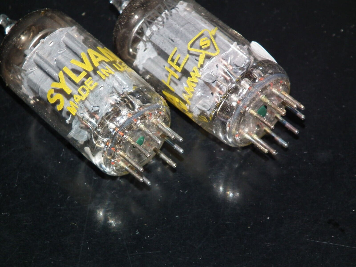 12AU7A Sylvania ECC82 NOS NIB platinum matched pair Long Plates Big O Getter Yel