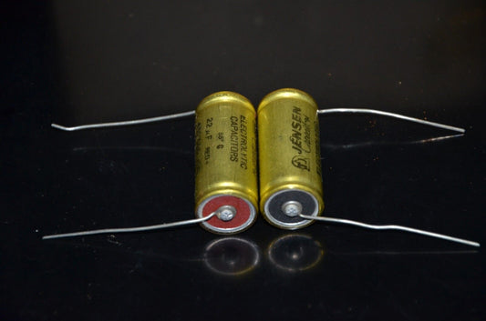 One vintage NOS Jensen electrolytic capacitors 22uF 450/500V Made in Denmark 70s