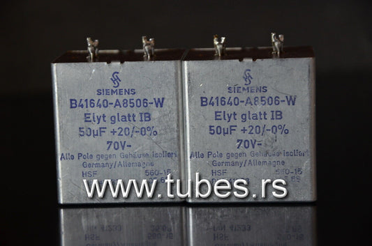 Two vintage Siemens electrolytic capacitors 50uF / 70V Klangfilm, Germany