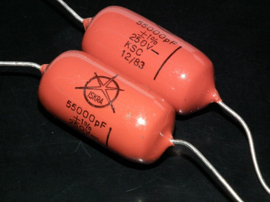 Two polystyrene capacitors 55000pF 0.055uF 250V ISKRA SIEMENS 1974 HI End Tube