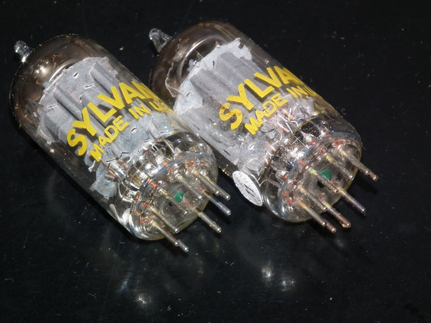 12AU7A Sylvania ECC82 NOS NIB platinum matched pair Long Plates Big O Getter Yel