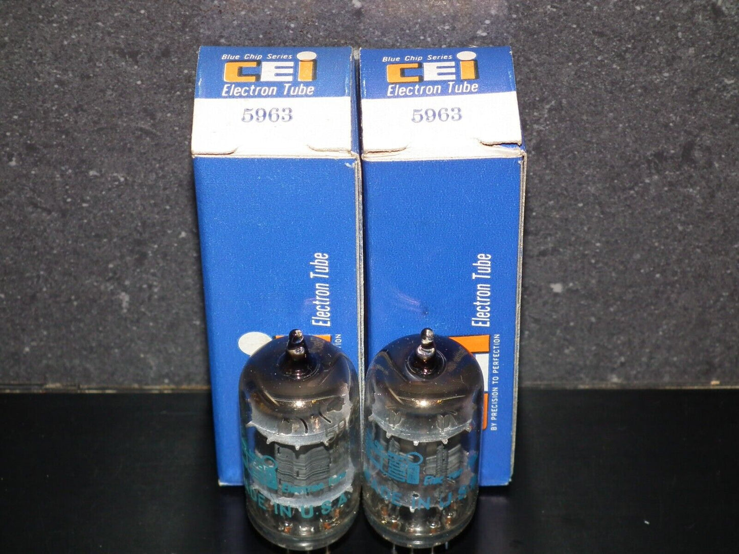 5963 CEI Made in USA 12AU7 ECC82 NOS Matched pair Long Box Plates Big O Getter