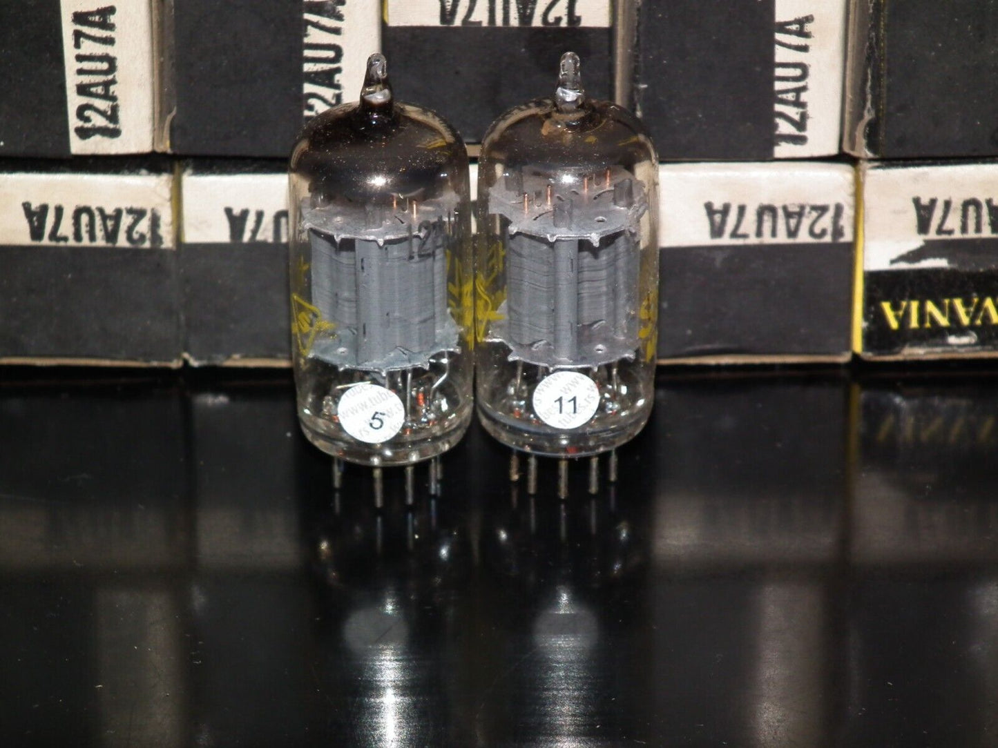 12AU7A Sylvania ECC82 NOS NIB platinum matched pair Long Plates Big O Getter Yel