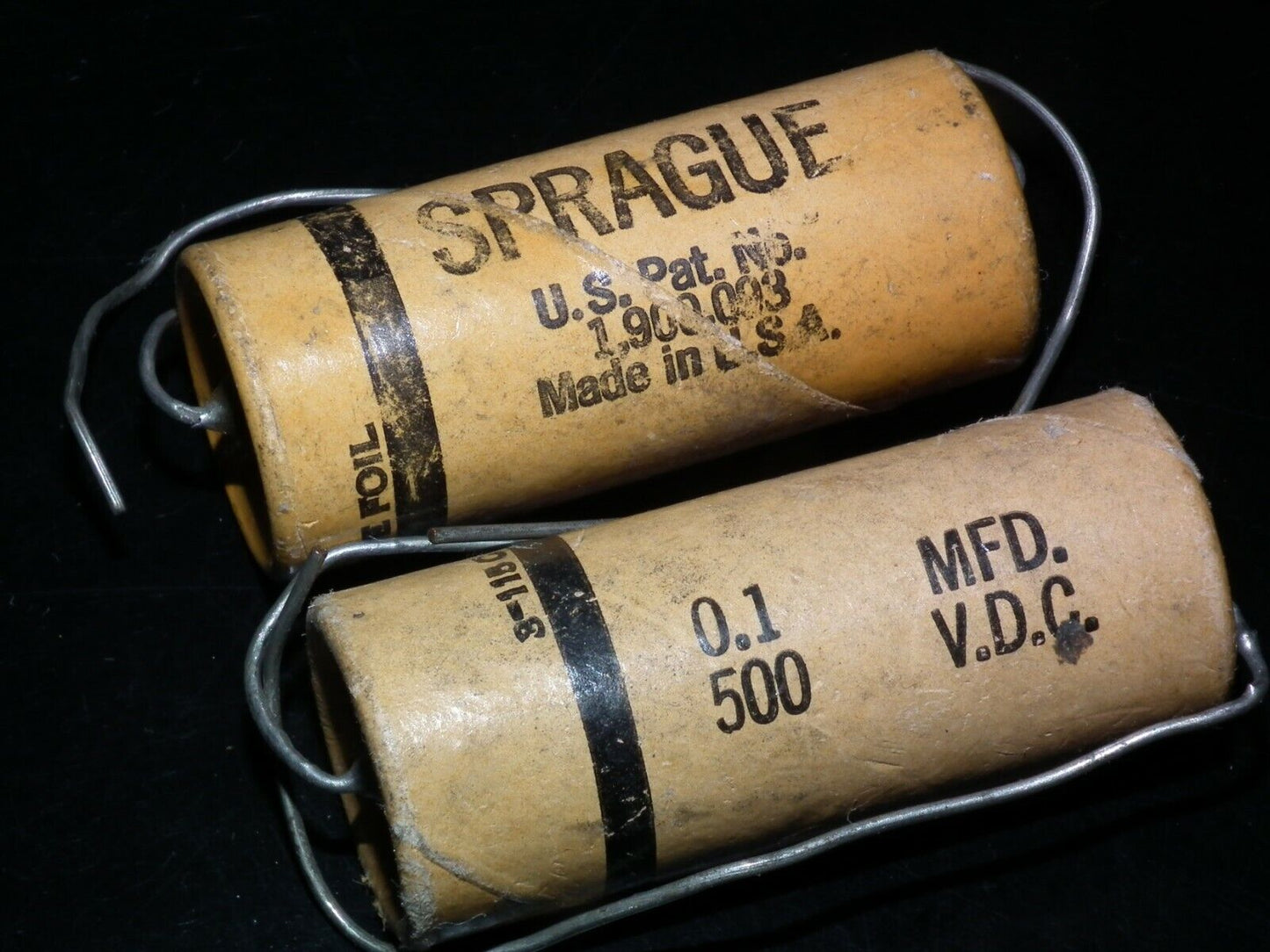 Two vintage SPRAGUE capacitors 0.1uF 500V NOS Guitar Amp MICAMOLD WAX PAPER