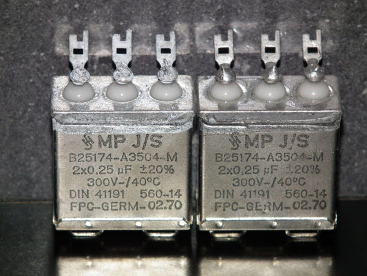 Two vintage Siemens PIO capacitors 2x0.25 uF 300V Klangfilm tube audio 70s