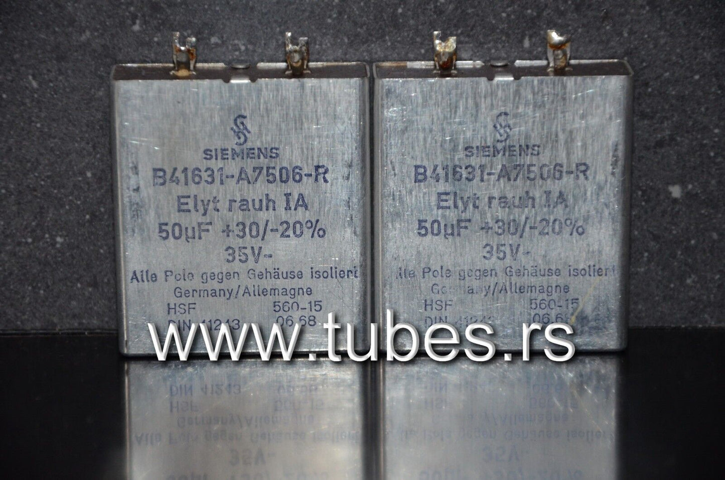 Two vintage Siemens electrolytic capacitors 50uF / 35V Klangfilm, West Germany