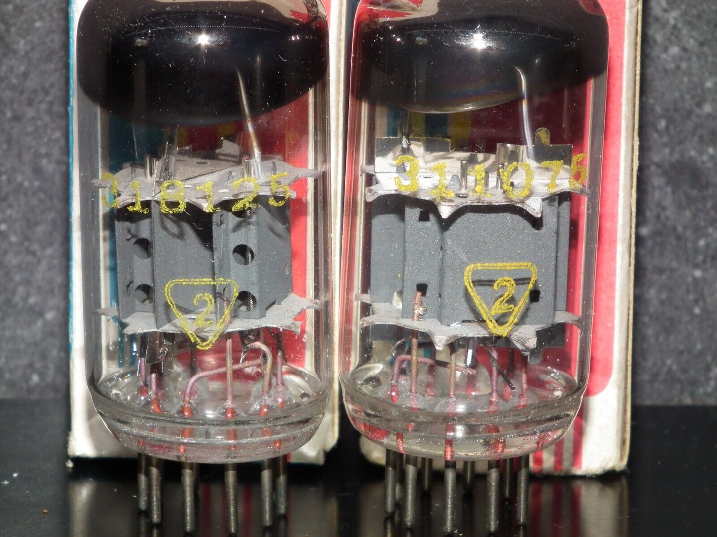 Matched pair ECC85 RFT NOS NIB Inclined Big O Getter, early 60s