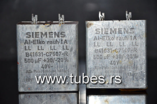 Two vintage Siemens electrolytic capacitors 500uF/35V Klangfilm Al-Elko rauh IA