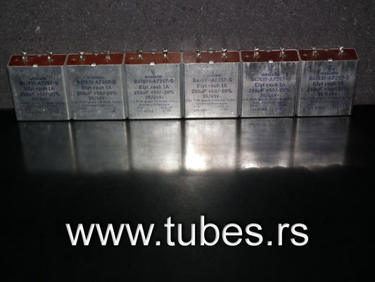 Two vintage Siemens electrolytic capacitors 250uF / 40V Klangfilm, West Germany
