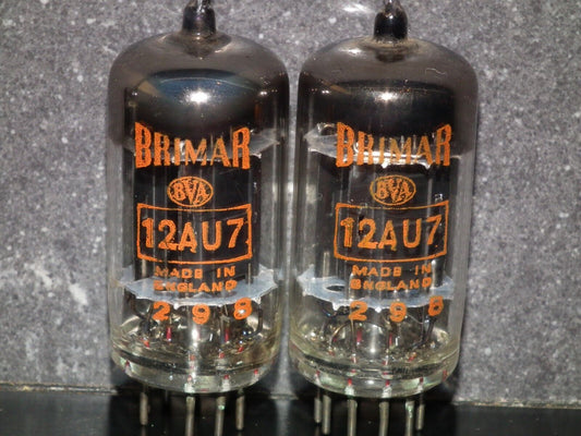 Matched Pair BRIMAR 12AU7 ECC82 Long Black Anodes Inclined Square Getter Carbon