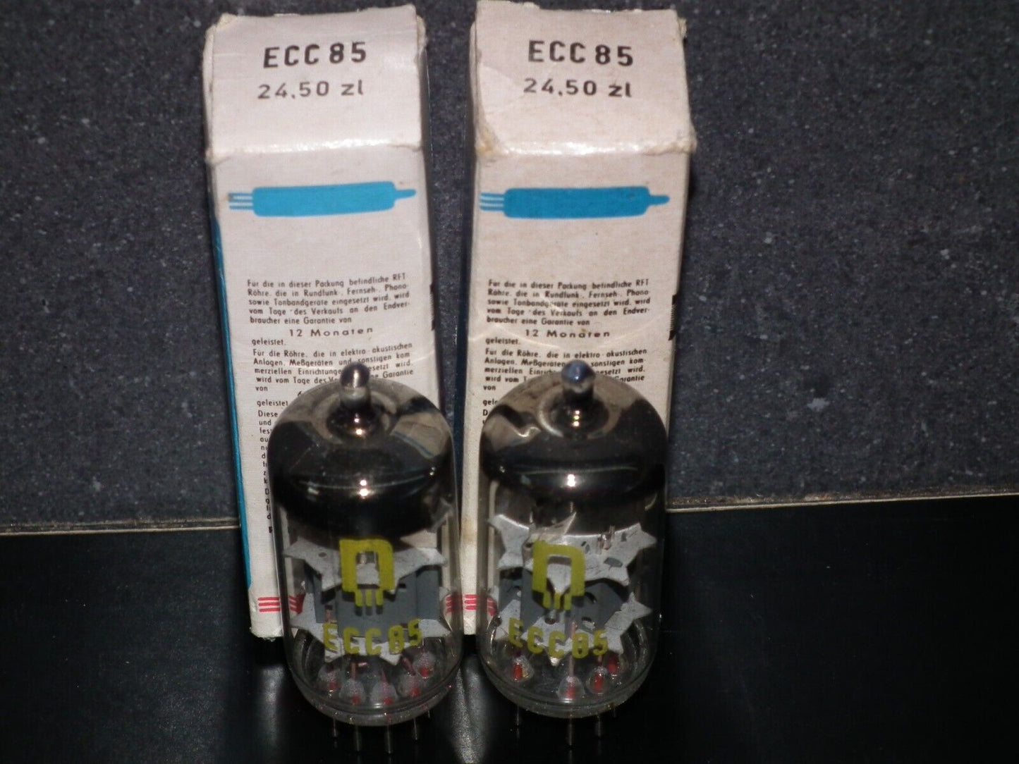 Matched pair ECC85 RFT NOS NIB Inclined Big O Getter, early 60s