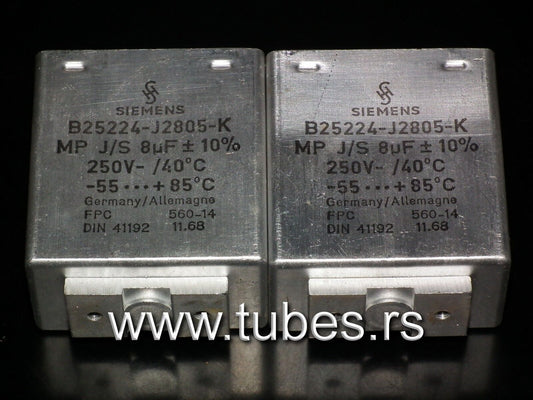 Two vintage Siemens PIO capacitors 8 uF / 250V Klangfilm tube audio West Germany