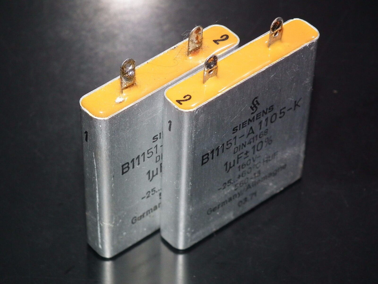 Two vintage Siemens PIO capacitors 1 uF 160V Klangfilm Made in Germany 1978