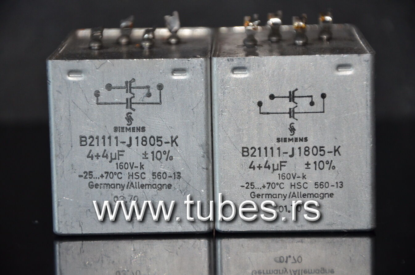 Two vintage Siemens PIO capacitors 4 + 4 uF / 160V Klangfilm from 60s-70s