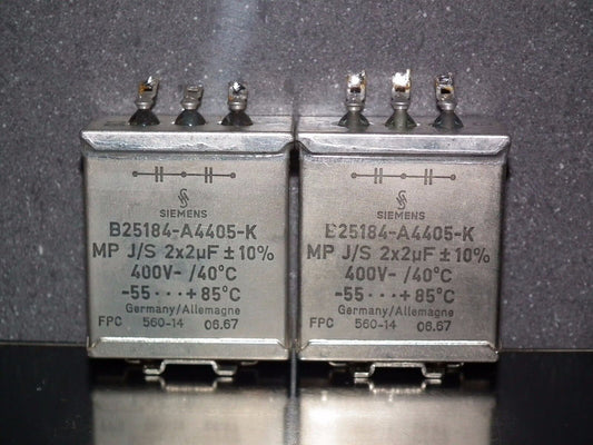 Two vintage Siemens PIO capacitors 2x2 uF / 400V Klangfilm, glass end seal
