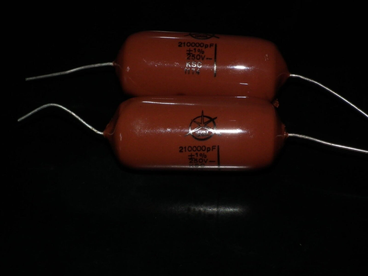 Two vintage polystyrene capacitors 210000pF / 0.21uF 250V ISKRA Siemens 70s