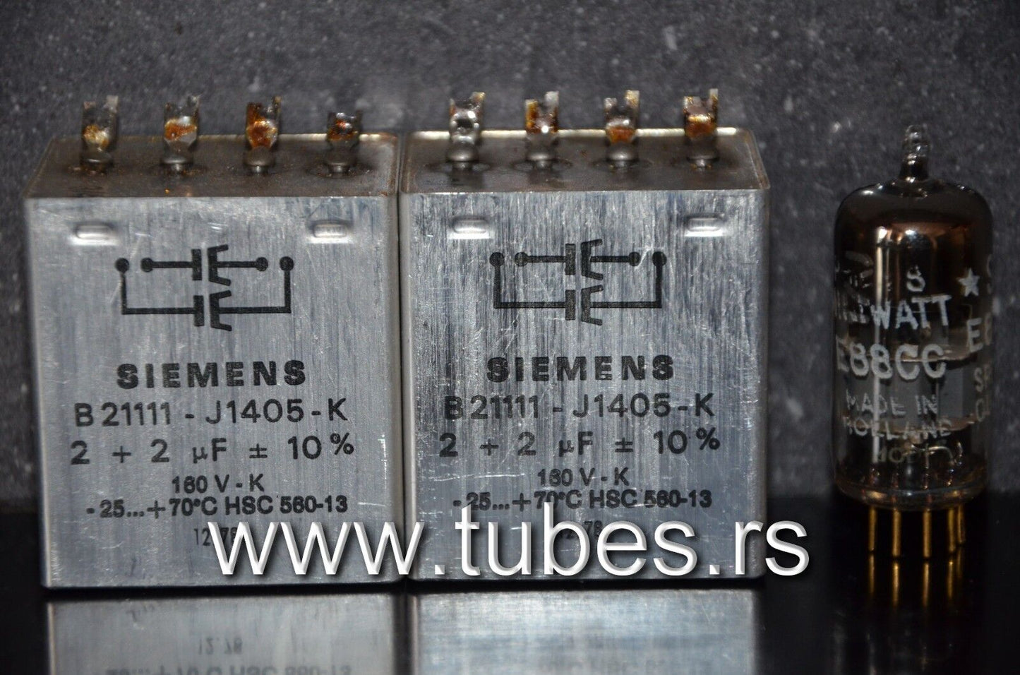 Two vintage Siemens PIO capacitors 2x2 uF 160V Klangfilm Made in West Germany