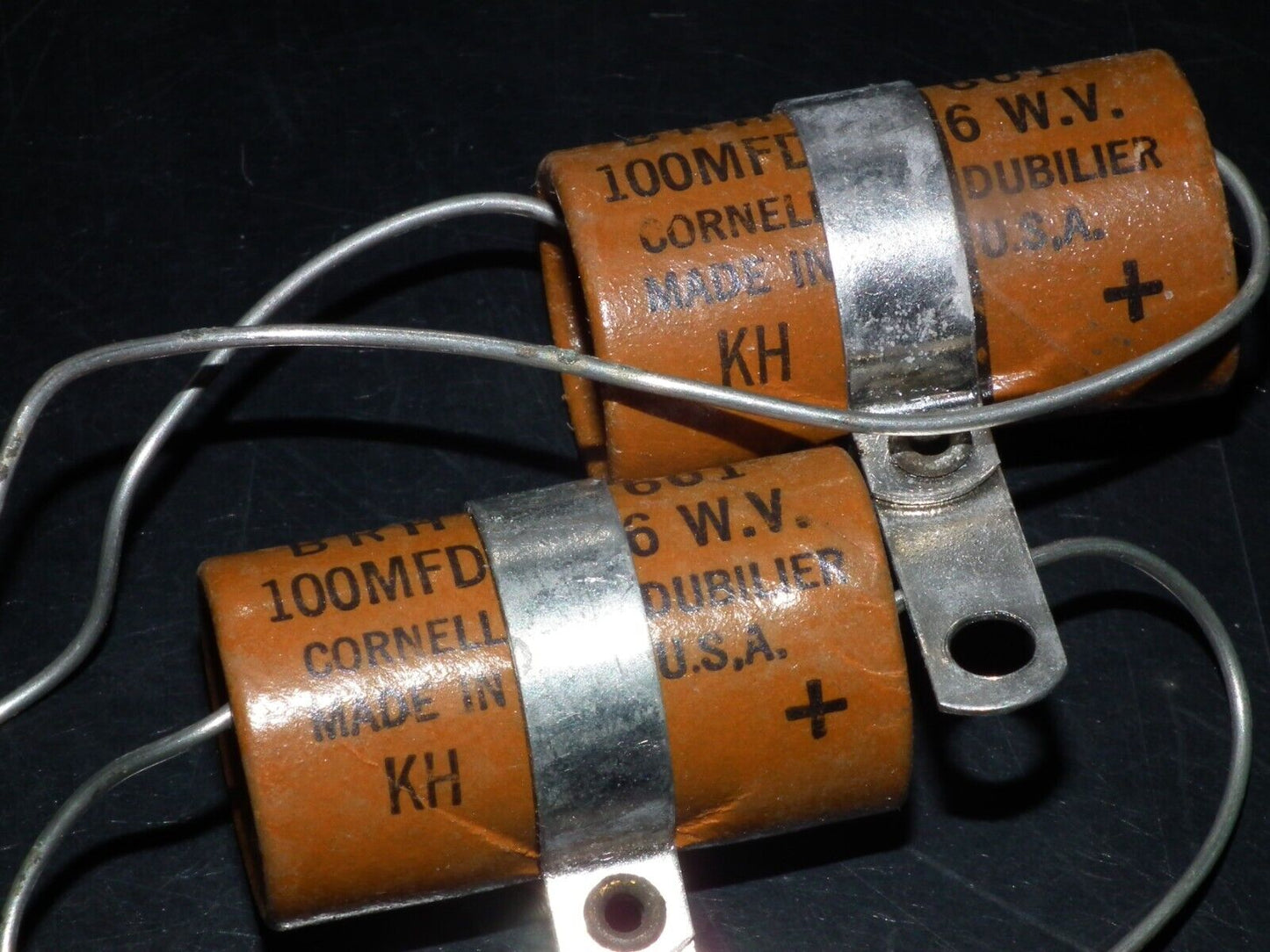 Two (2 pcs) Vintage NOS Capacitors Cornell Dubilier 100uF 6V