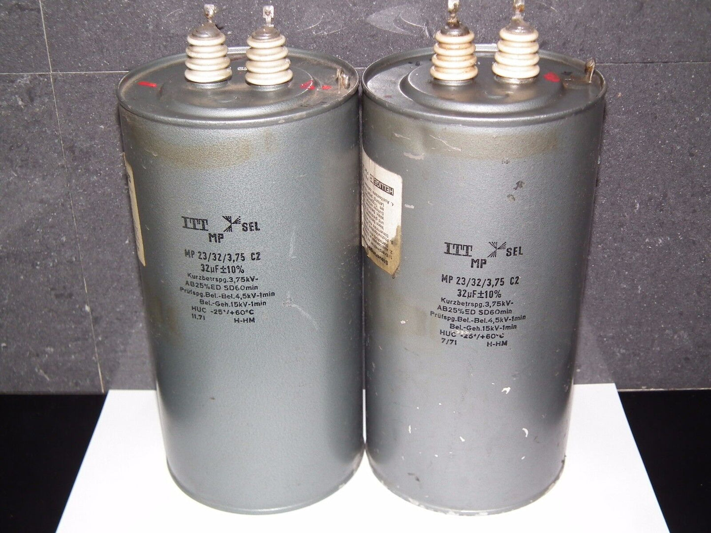 Two vintage ITT PIO capacitors 32 uF / 3.75KV 32mfd / 3.75KV W. Germany 1971