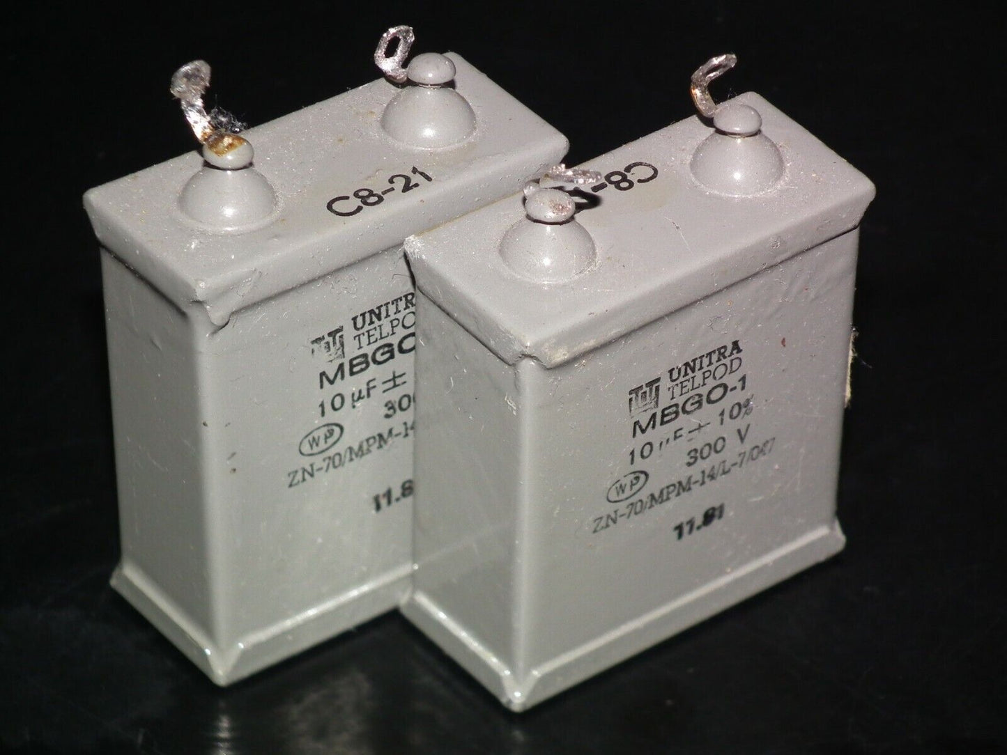 Two vintage Unitra PIO capacitors 10uF 300V 10mfd tube audio Glass End Seal 1981