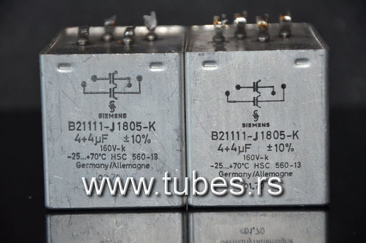 Two vintage Siemens PIO capacitors 4 + 4 uF / 160V Klangfilm from 60s-70s