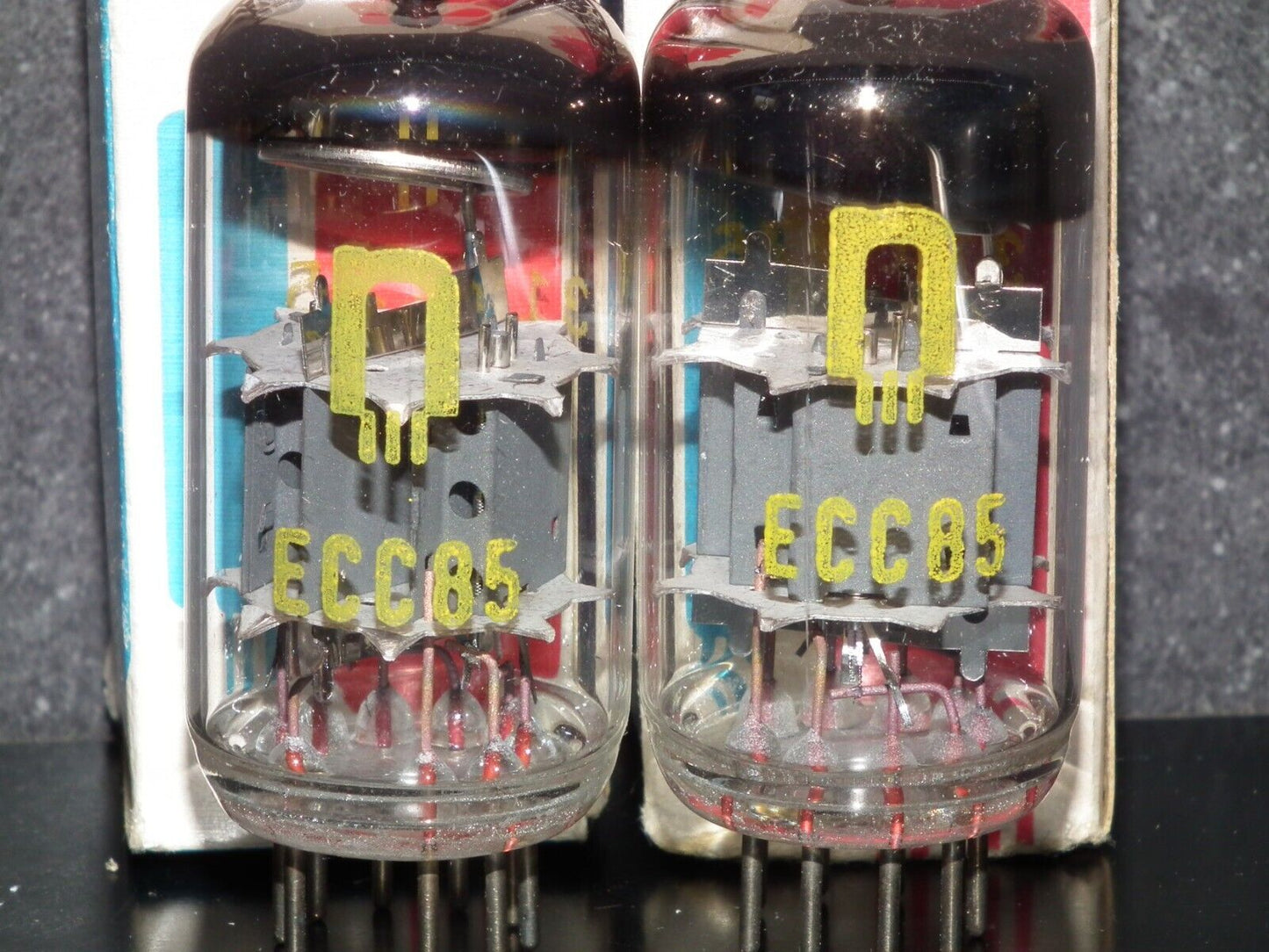 Matched pair ECC85 RFT NOS NIB Inclined Big O Getter, early 60s